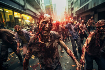 Fototapeta na wymiar Group of zombies walk on the street in the urban city and ready to attack.