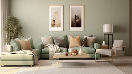 Fototapeta na wymiar nordic style interior design, modern lounge, sage green and cream high resolution. Generative AI