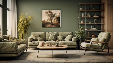 nordic style interior design, modern lounge, sage green and cream high resolution. Generative AI