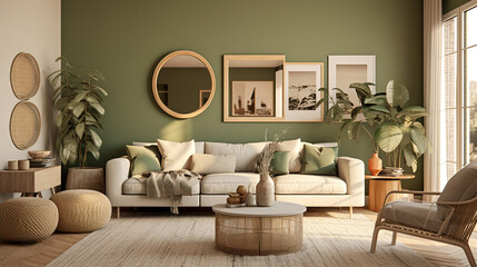 Obraz premium nordic style interior design, modern lounge, sage green and cream high resolution. Generative AI