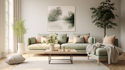 Fototapeta na wymiar nordic style interior design, modern lounge, sage green and cream high resolution. Generative AI