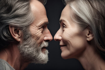 Two mature people, man and woman, looking each other into eyes with a smile