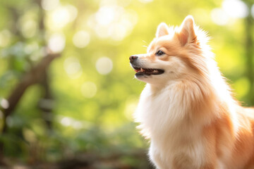 Close-up of a spitz dog in a summer park