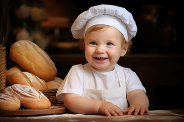 A child in a chef’s hat and apron sitting at a table with bread loaves