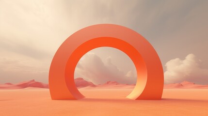 Amidst the desert expanse, an eye-catching orange arch rises, embodying the essence of colorful artistic expression. The presence of clouds adds an ethereal dimension