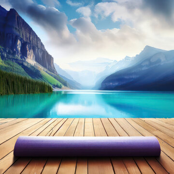 Wooden floor with yoga mat at lake louise banff national park.generative AI..