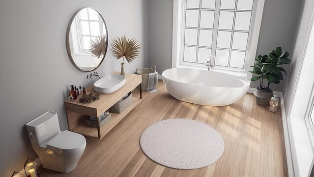 Animation of top view of modern classical style gray wall bathroom 3d render illustration There are wooden floor and sink counter ,golden round mirror decorated with candle