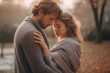 Fototapeta premium A couple is hugging each other in the morning in a park to express their love