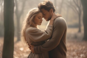 Fototapeta premium A couple is hugging each other in the morning in a park to express their love