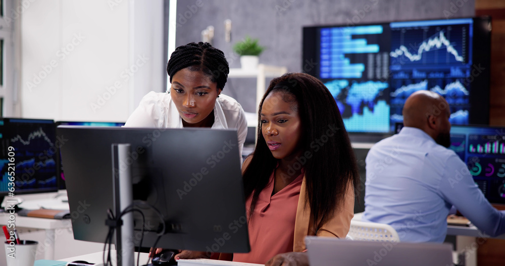 Poster african financial data analysts using dashboard on screens