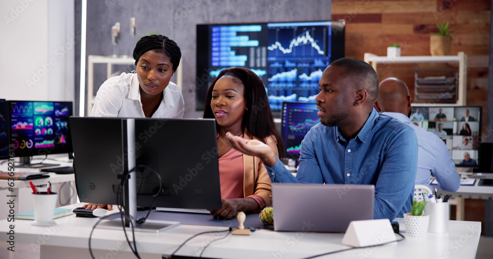 Poster african financial data analysts using dashboard on screens