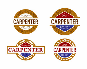 Fototapeta premium Set of Carpenter emblem hipster badge logo vector design. Wood badge logo vector template