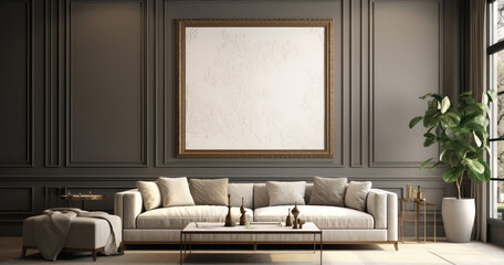 modern luxury living room interior 3d scene, a big blank poster frame, generative AI