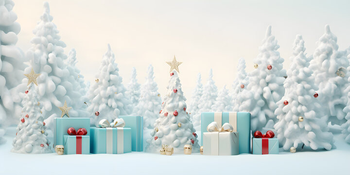 3d Christmas gifts box presents decoration in winter landscape snow scene, in the style of light pastel design, AI generate
