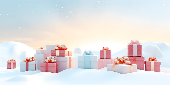 3d Christmas gifts box presents decoration in winter landscape snow scene, in the style of light pastel design, AI generate
