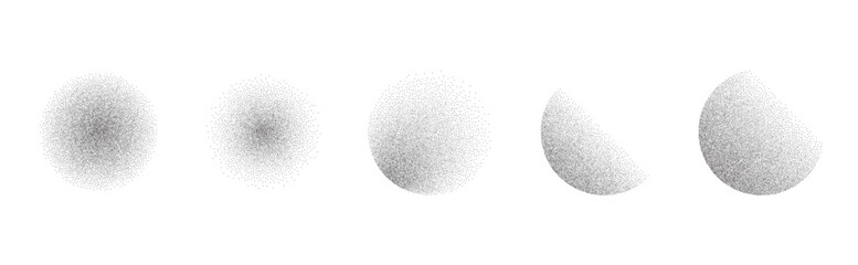 Circles noise texture dotwork grain. Pointillism gradient pattern. Radial stochastic grange texture. Dotwork stipple halftone effect for tattoo. Dotted sphere, stipple element. Vector background