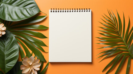 Fototapeta na wymiar Blank paper notebook with flowers and palm leaves on orange background