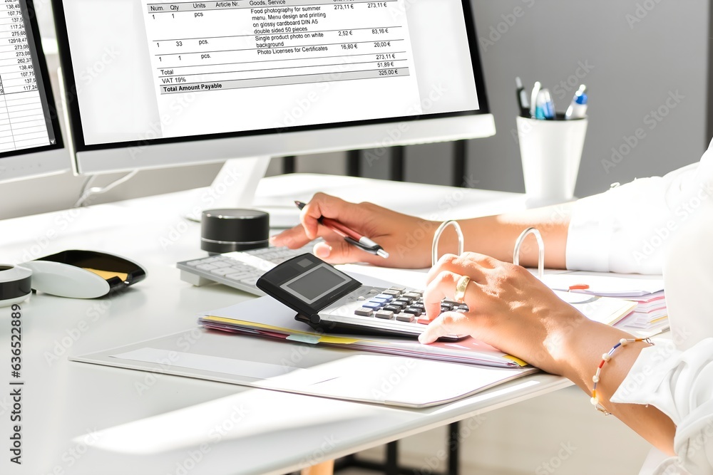 Aufkleber online taxes and invoice using computer