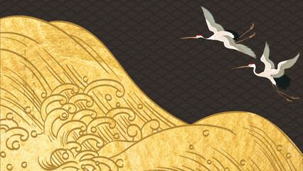 Japanese background with hand drawn line wave in vintage style. Art Abstract landscape and ocean sea with crane birds element banner design. Gold and black texture.