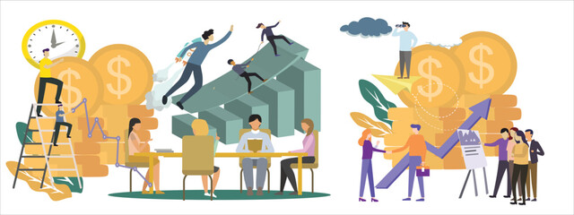 Creative Vector managers meeting talking about company goals, one employee flying on a rocket, 2 employees helping each other reach the target, big business chart, idea bulb, and time clock. Design