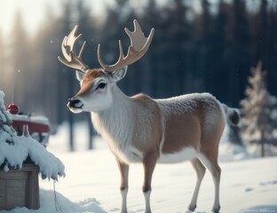 Naklejka na ściany i meble Illustration of a reindeer on a snowy field.generative AI