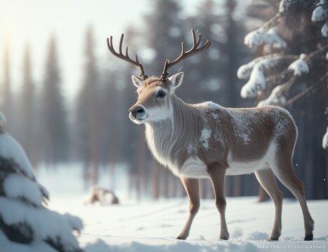 Illustration of a reindeer on a snowy field.generative AI