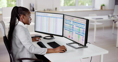Data Analyst African Woman Using Spreadsheet
