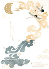 Crane birds vector. Japanese background with watercolor texture painting texture. Oriental natural Chinese cloud pattern with geometric decoration banner design in vintage style. 