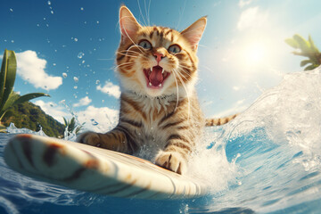 Fototapeta premium The surfboarding cat. With its adventurous nature intact, the cat fearlessly takes on hobbies, demonstrating both courage and audacity.