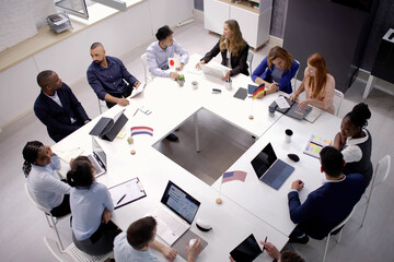 Politician Meeting And Group Discussion With Flags