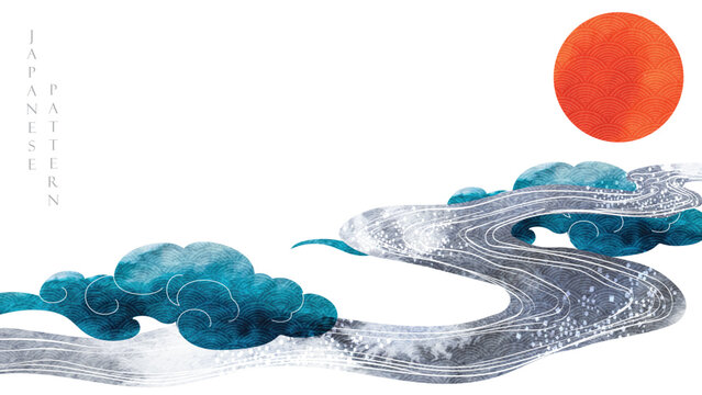 Chinese cloud decorations with blue watercolor texture in vintage style. Abstract art landscape with red sun with hand drawn wave elements