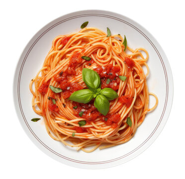 Spaghetti with sause in a white plate isolated on transparent background, top view
