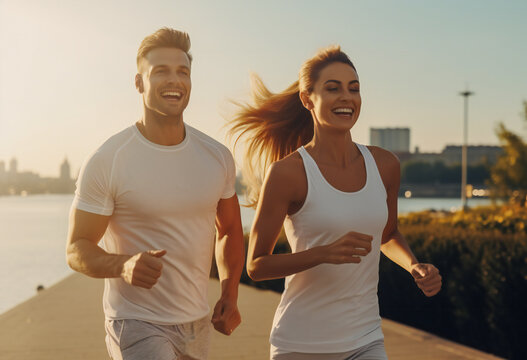 Young couple jogging in a sunny morning
