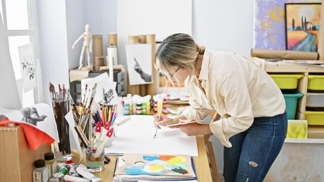 Young blonde woman artist drawing on paper standing at art studio
