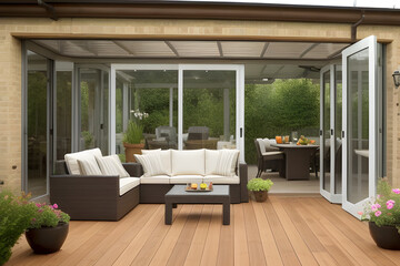 Cozy patio area with garden furniture, sliding doors and decking