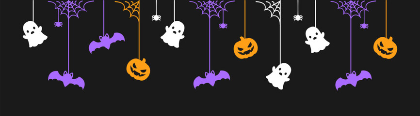 Happy Halloween banner or border with glowing bats, ghost and jack o lantern pumpkins. Hanging Spooky Ornaments Decoration Vector illustration, trick or treat party invitation