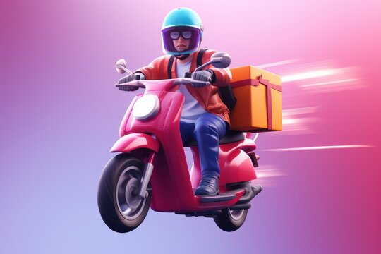 3D Render Man Riding Scooter Motorcycle, Online Delivery Concept. Generative Ai