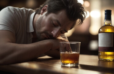 Illustration Glass of alcohol on a wooden table in a bar with a person drinking to sleep.generative AI
