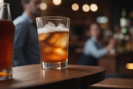 Illustration Glass of alcohol on a wooden table in a bar against a blurred background of people drinking.generative AI