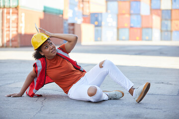 factory workers or engineer having accident and fall down in containers warehouse storage