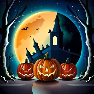 halloween illustration, pumpkin, bat, tree, moonlight and dark background, pumpkin face detail, object detail