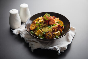 Chaufa amazonico fried rice with chorizo and  smoked pork cecina peru peruvian food