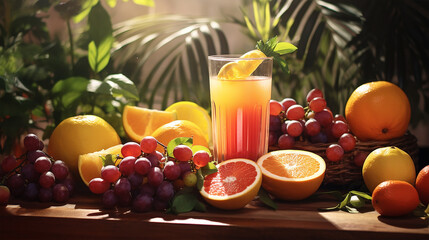 fresh juice glass and fruits on table,fruit juice, cocktail, Healthy Dietary