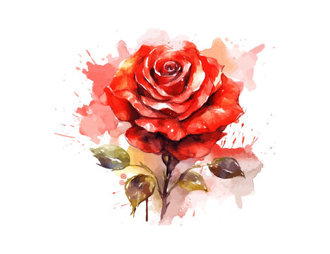 Red rose with love shape drawn digital painting watercolor. Vector illustration design.