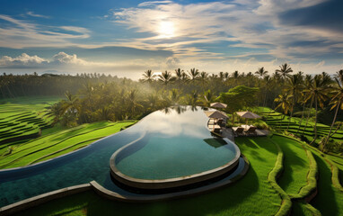 Infinity swimming pool in Bali resort during the day