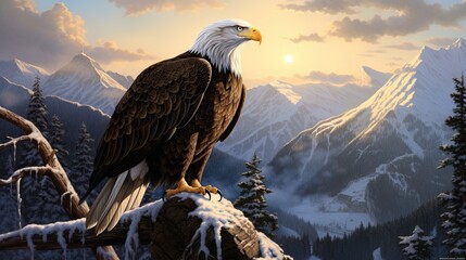  a painting of a bald eagle perched on a snowy branch.  generative ai
