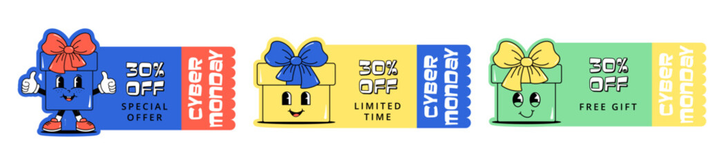 Cyber monday and sale. Cute character gift box with a face. Set of design for voucher, ticket, coupon for kids clothes, shoes, toys, stationery. White background. Groovy style. Vector illustration
