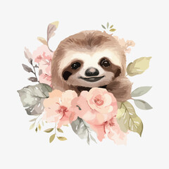 Watercolor vector illustration of a Sloth painting for children nursery room © Mr