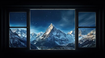  a window view of a snowy mountain range outside of a window.  generative ai