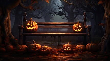 Festive Halloween night with glowing Jack O Lanterns and a wooden bench in a spooky forest. Trick or treat!